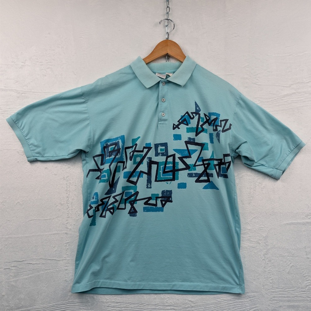 VTG Nike Polo Shirt Men's L Blue Geometric Abstract Agassi Challenge Court 90s